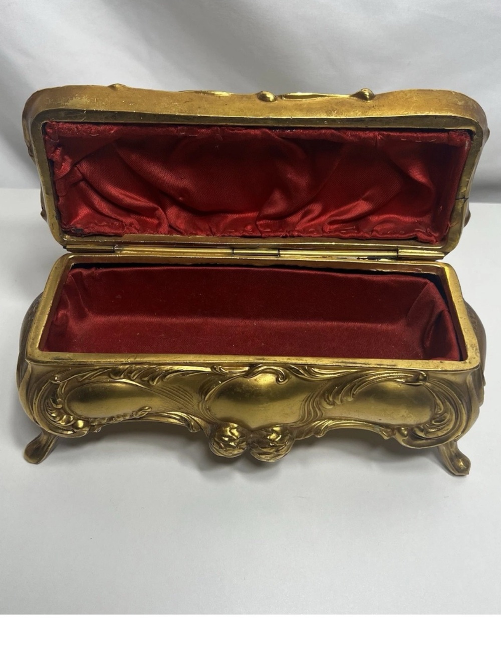 Vintage Casket Trinket Jewelry Box Gold Tone Floral Art Nouveau Hinged 1910